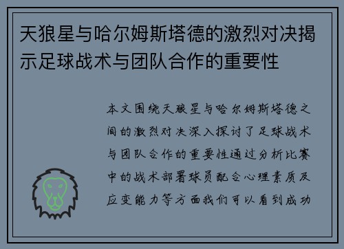 天狼星与哈尔姆斯塔德的激烈对决揭示足球战术与团队合作的重要性